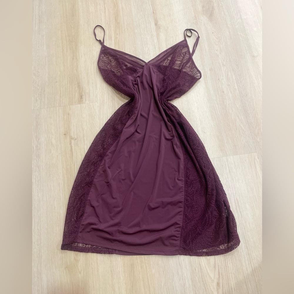 Lace-Trim Slip Chemise Nightdress in Deep Plum
